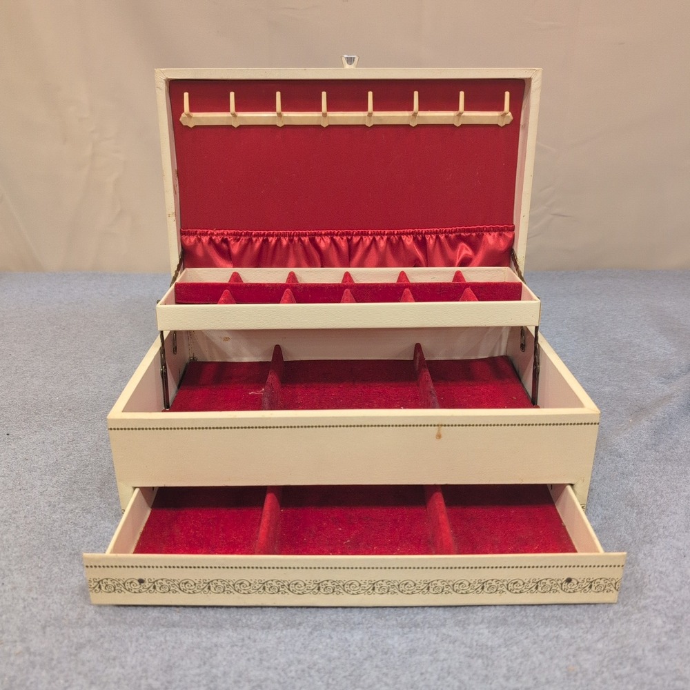 Vintage Cream Faux Leather Multi Tier Jewelry Box Red Velvet Lining Filigree - Picture 3 of 8